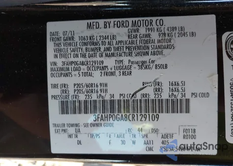 2012 Ford Fusion S z USA, uszkodzony, nr VIN 3FAHP0GA8CR129109
